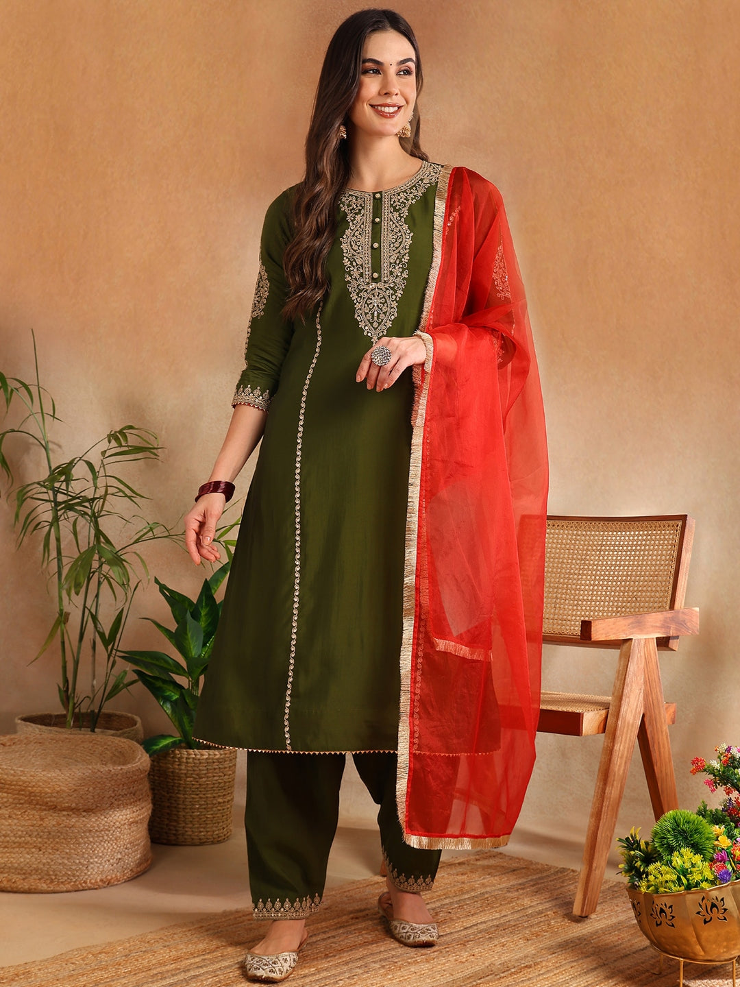 ZERESOUQ-Olive-Green-Silk-Blend-Embroidered-A-Line-3-Piece-Kurta-Set