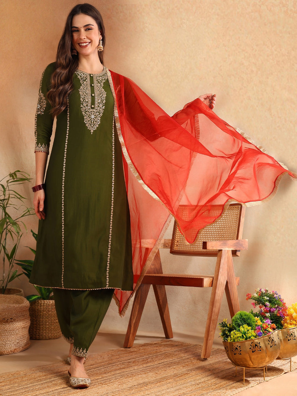ZERESOUQ-Olive-Green-Silk-Blend-Embroidered-A-Line-3-Piece-Kurta-Set