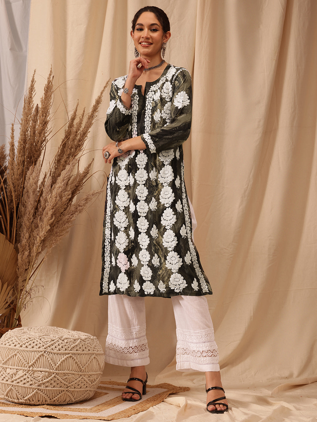 Olive-Green-&-White-Modal-Embroidered-Chikankari-Kurta