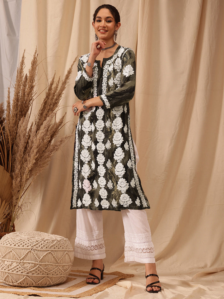 Olive-Green-&-White-Modal-Embroidered-Chikankari-Kurta