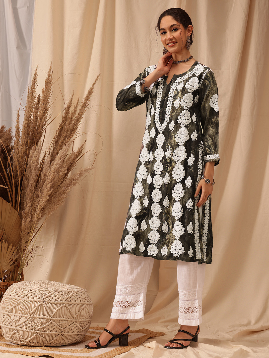 Olive-Green-&-White-Modal-Embroidered-Chikankari-Kurta