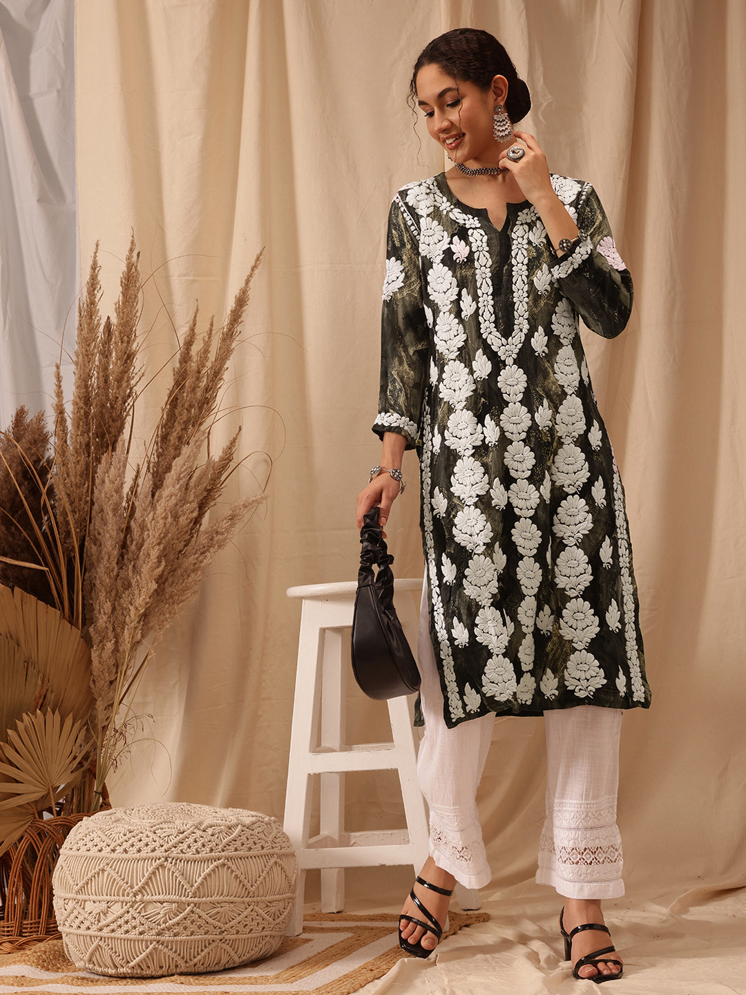 Olive-Green-&-White-Modal-Embroidered-Chikankari-Kurta