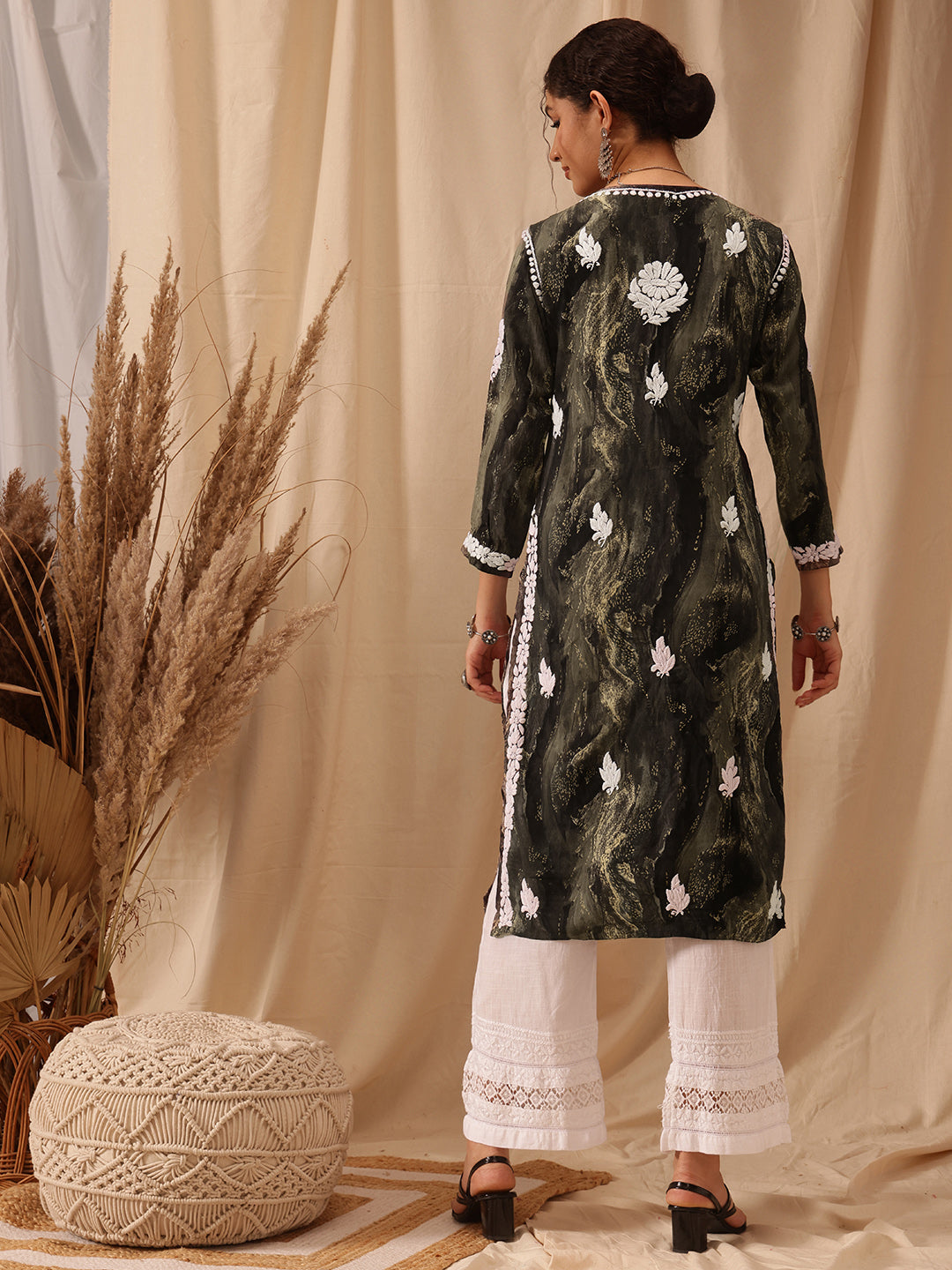 Olive-Green-&-White-Modal-Embroidered-Chikankari-Kurta