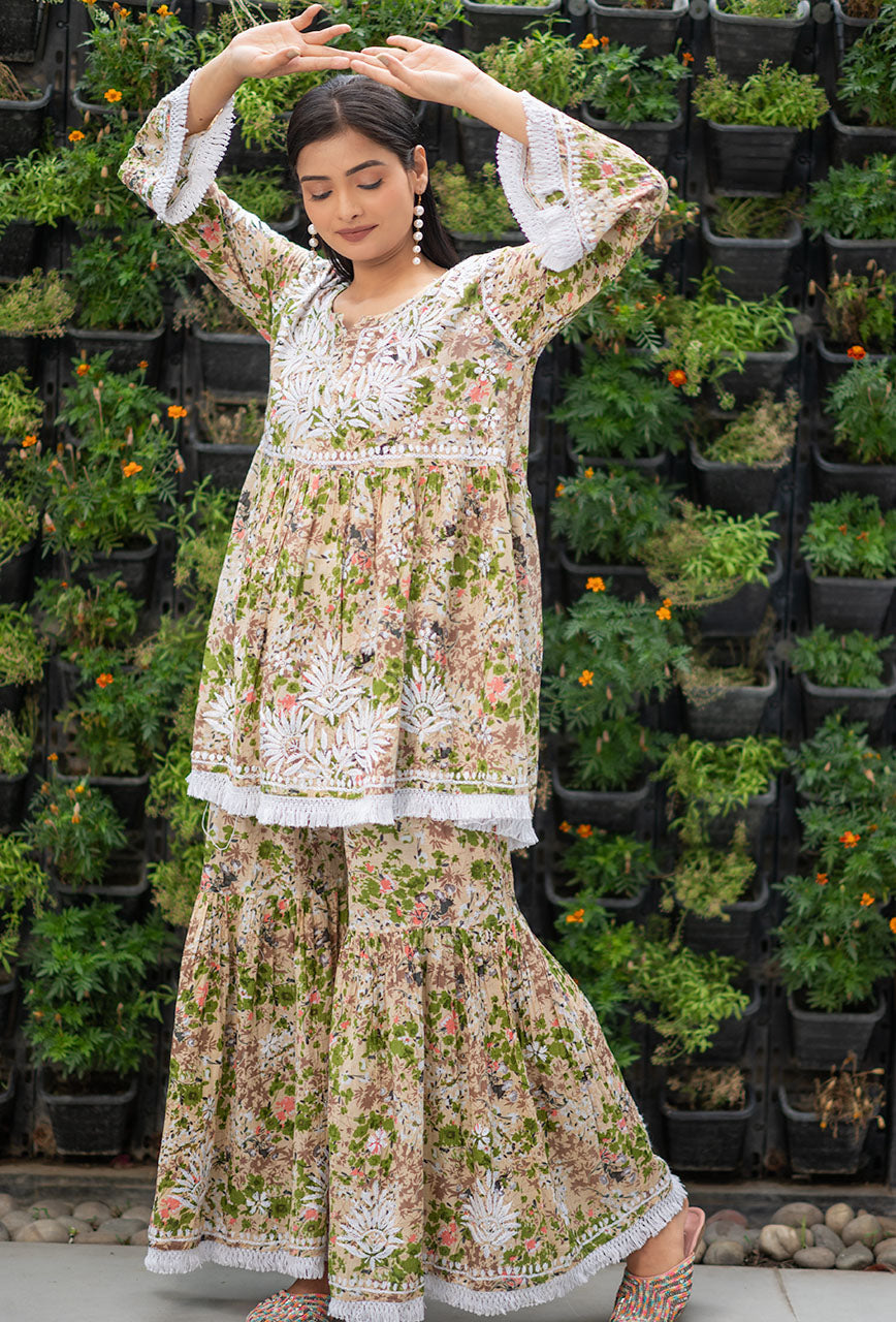 ZERESOUQ-Olive-Neeru-Mulmul-2-Piece-Chikankari-Gharara-Set