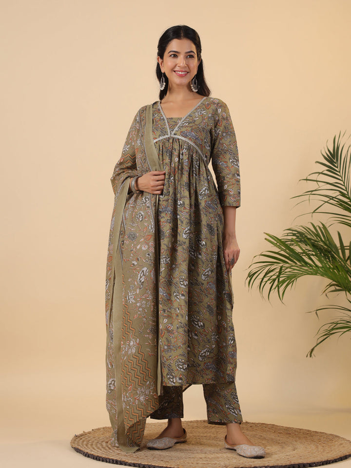 Olive-Poly-Cotton-Gathered-3-Piece-Kurta-Set