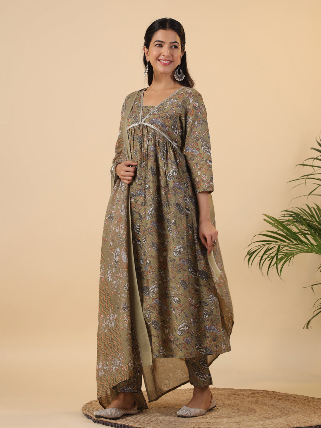 Olive-Poly-Cotton-Gathered-3-Piece-Kurta-Set