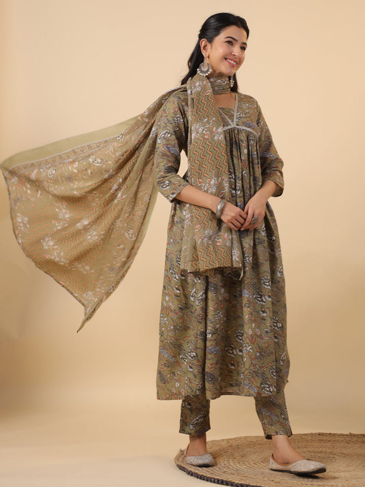 Olive-Poly-Cotton-Gathered-3-Piece-Kurta-Set