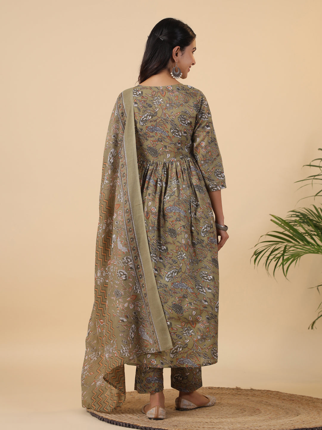 Olive-Poly-Cotton-Gathered-3-Piece-Kurta-Set