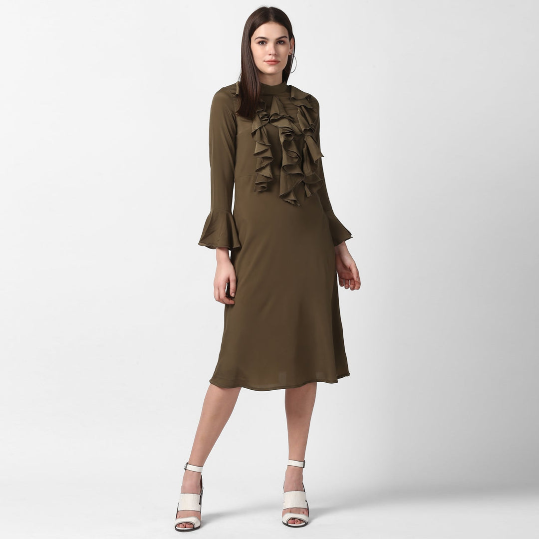 Olive-Polyester-Front-Ruffle-Bell-Sleeve-Dress
