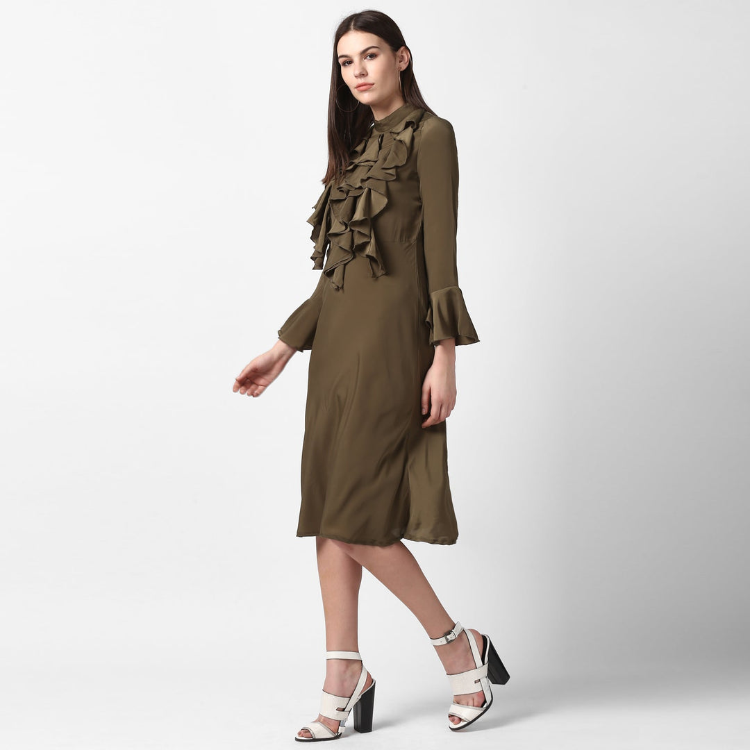 Olive-Polyester-Front-Ruffle-Bell-Sleeve-Dress