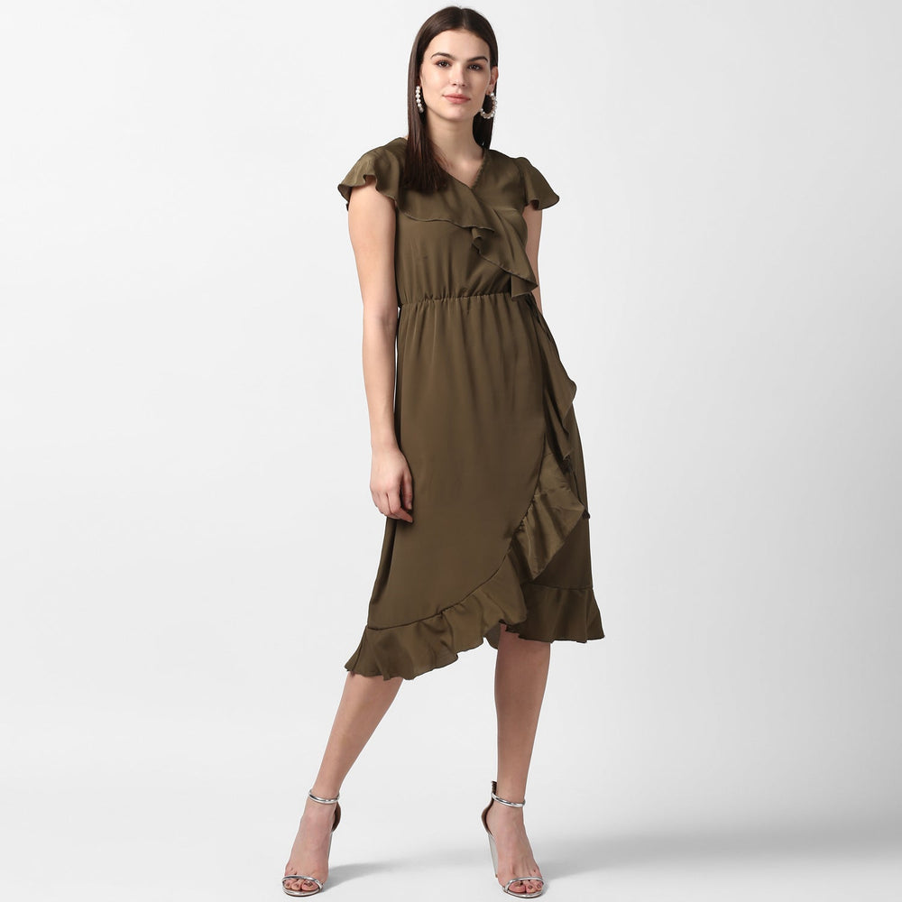 Olive-Polyester-Front-Ruffle-Dress