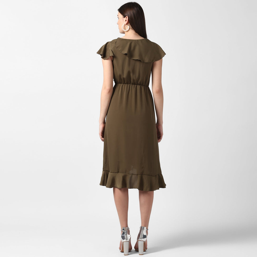 Olive-Polyester-Front-Ruffle-Dress
