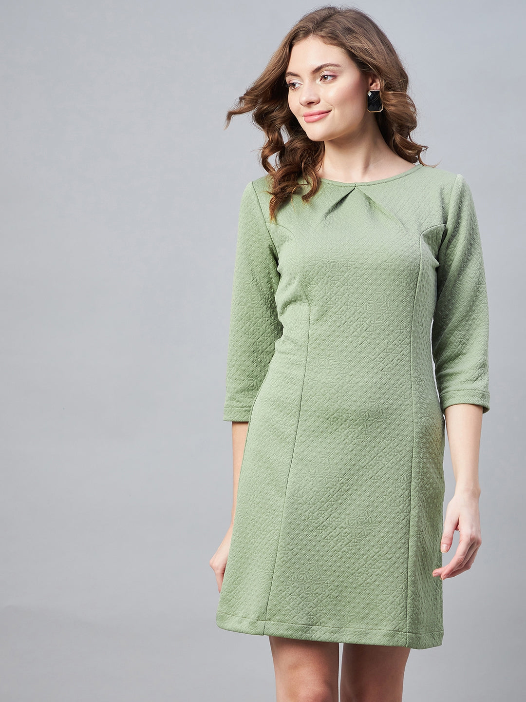Olive-Polyester-Jacquard-Self-Design-Dress