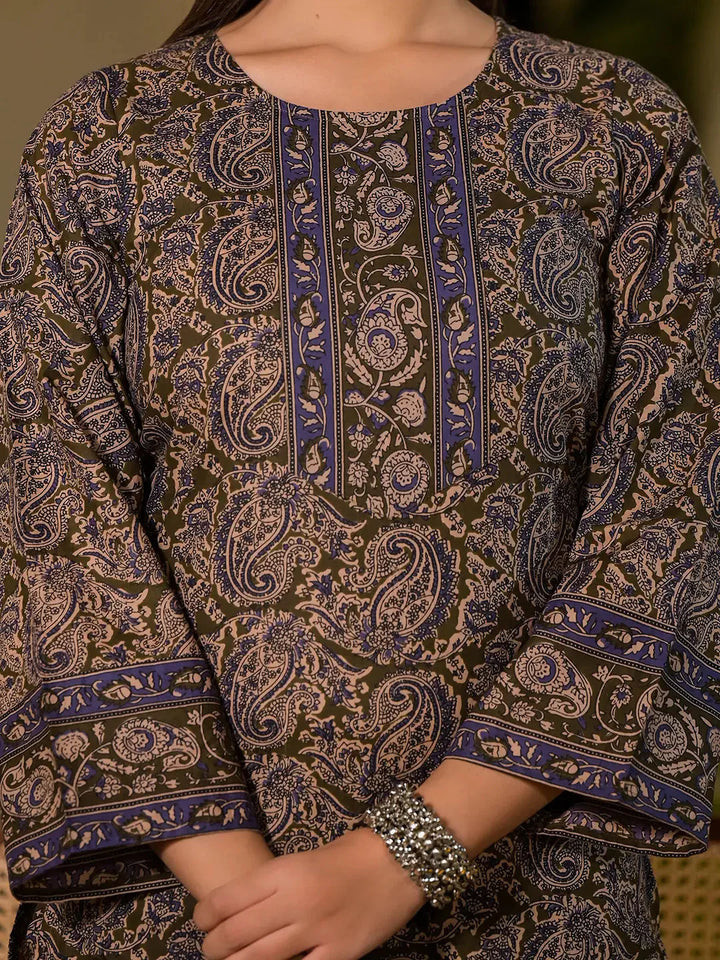 Olive-Pure-Cotton-Paisley-Print-3-Piece-Kurta-Set