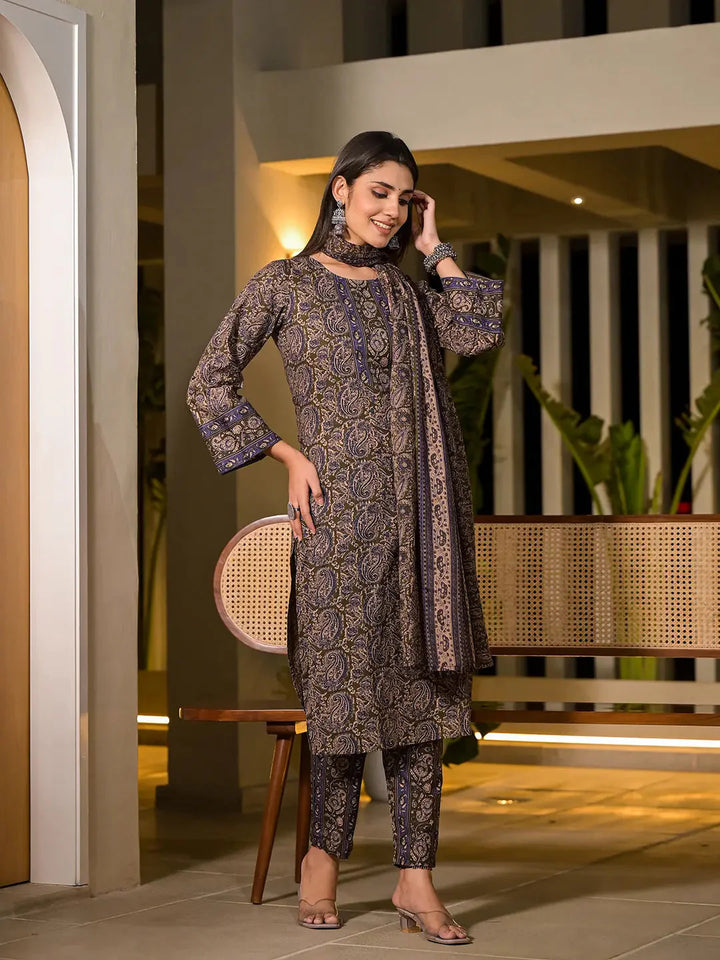 Olive-Pure-Cotton-Paisley-Print-3-Piece-Kurta-Set