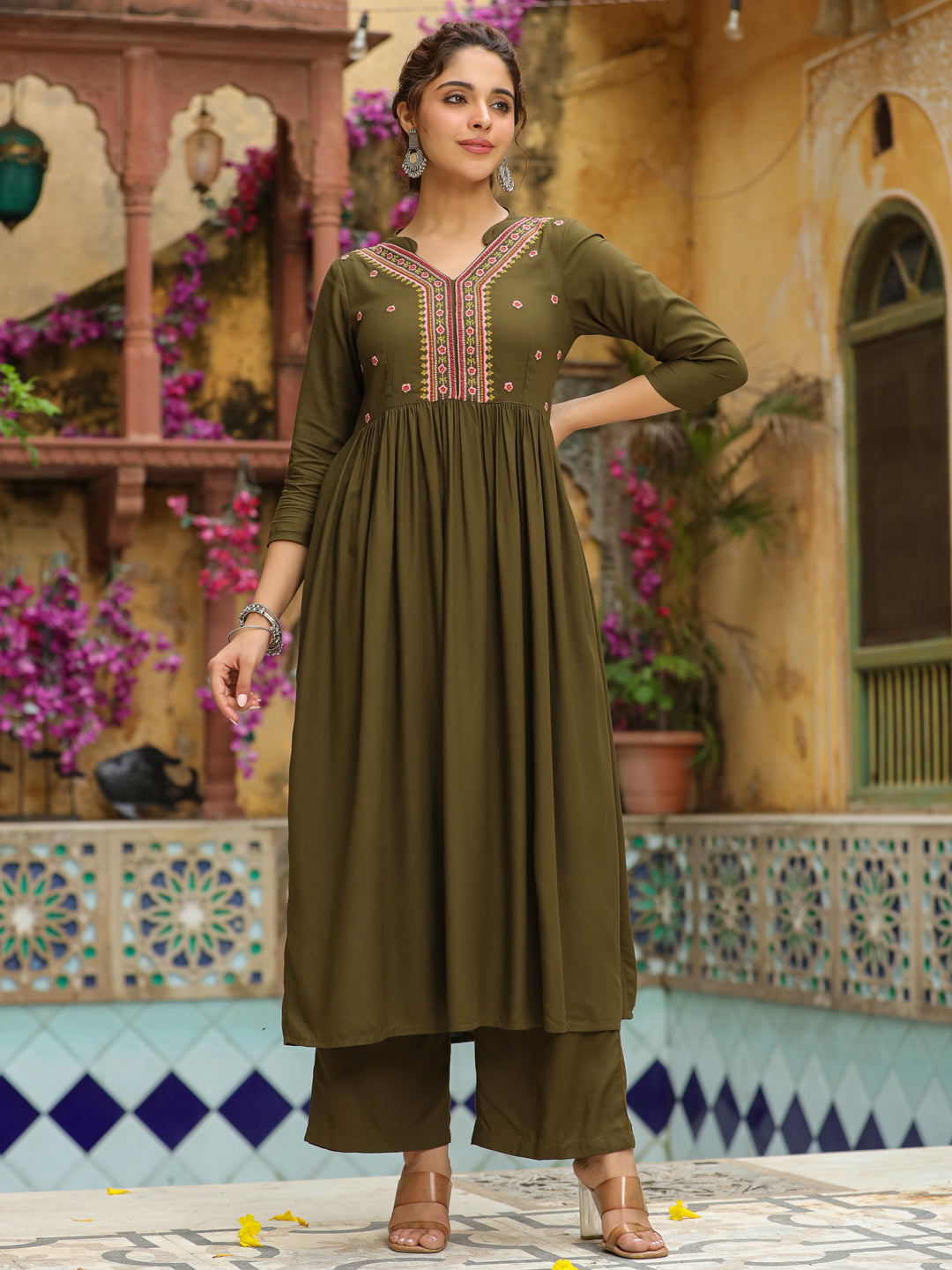 Olive-Rayon-Embroidered-2-Piece-Kurta-Set