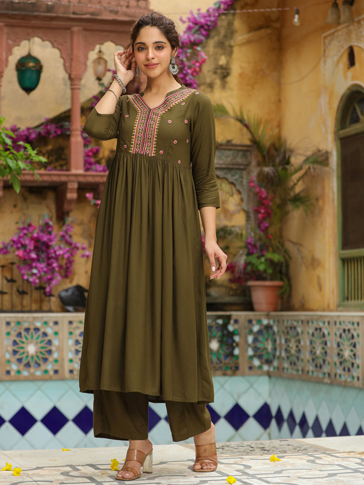 Olive-Rayon-Embroidered-2-Piece-Kurta-Set