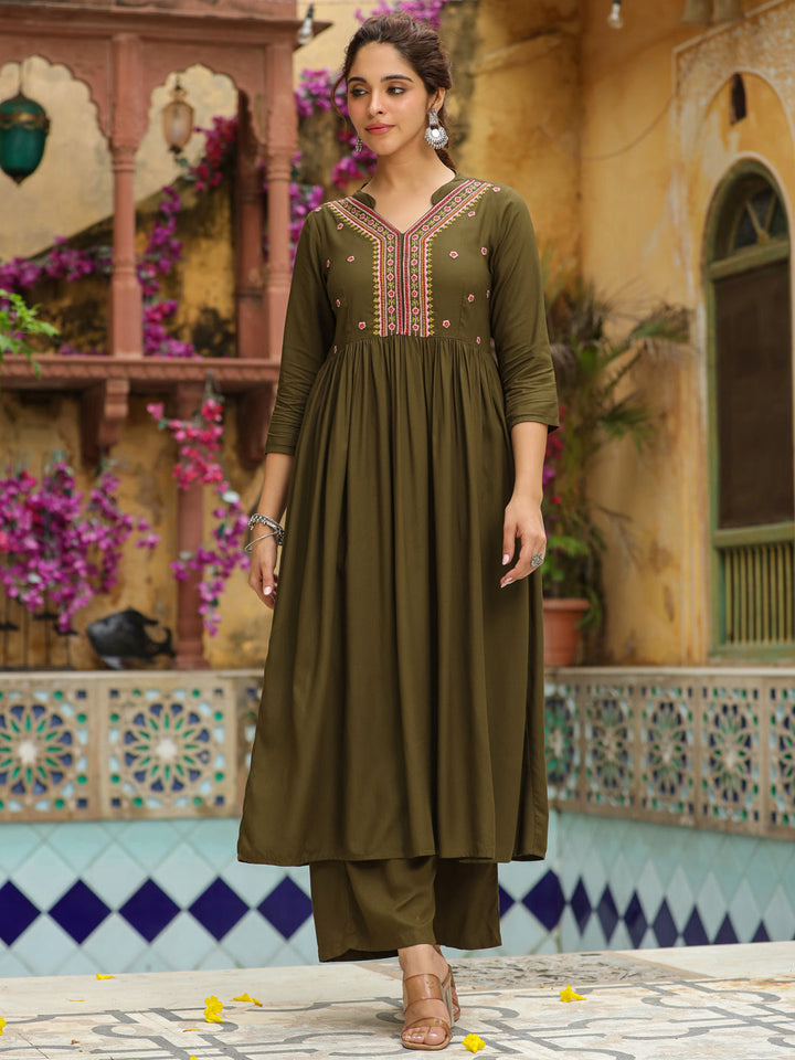 Olive-Rayon-Embroidered-2-Piece-Kurta-Set