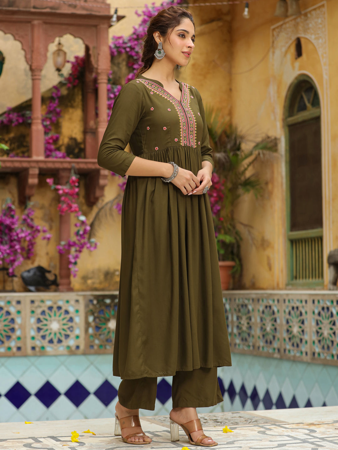 Olive-Rayon-Embroidered-2-Piece-Kurta-Set