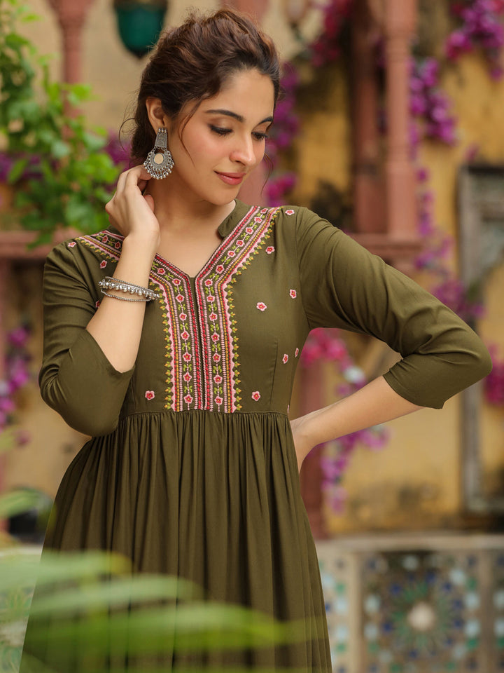 Olive-Rayon-Embroidered-2-Piece-Kurta-Set