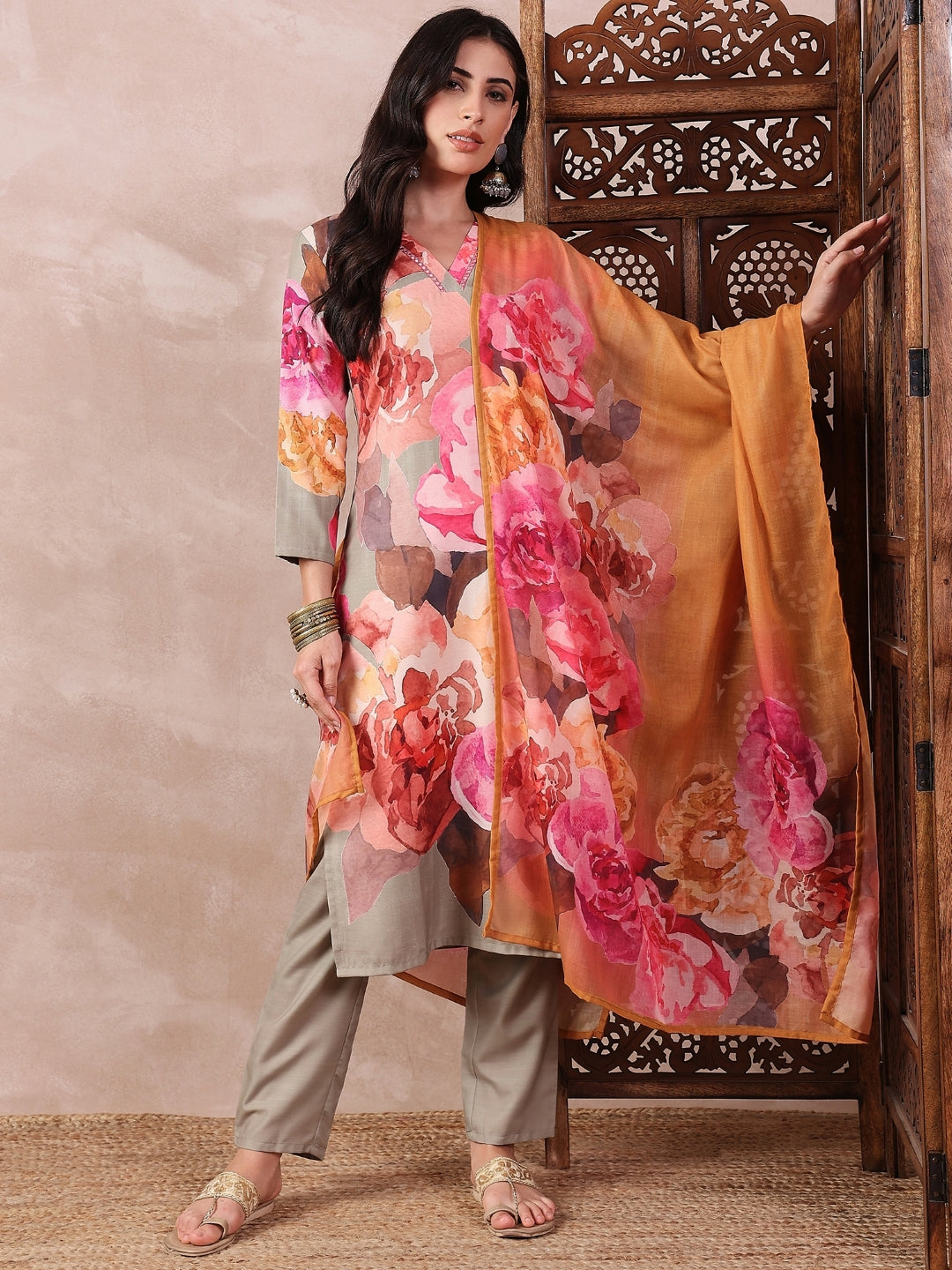 Olive-Silk-Blend-Floral-Printed-3-Piece-Kurta-Set