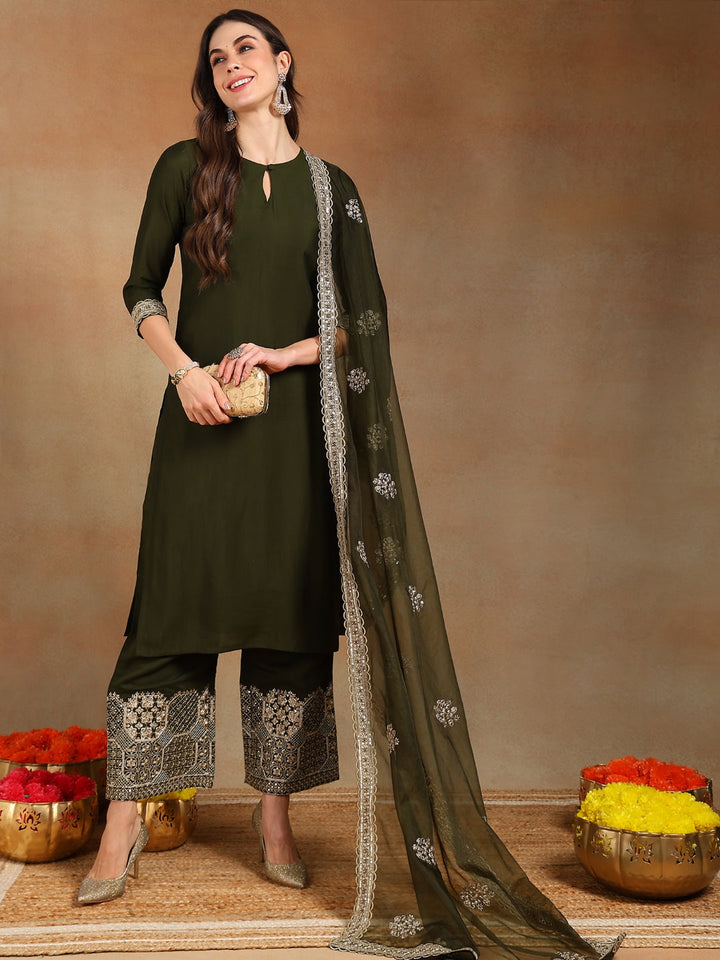 ZERESOUQ-Olive-Silk-Blend-Solid-Straight-3-Piece-Palazzo-Suit-Set