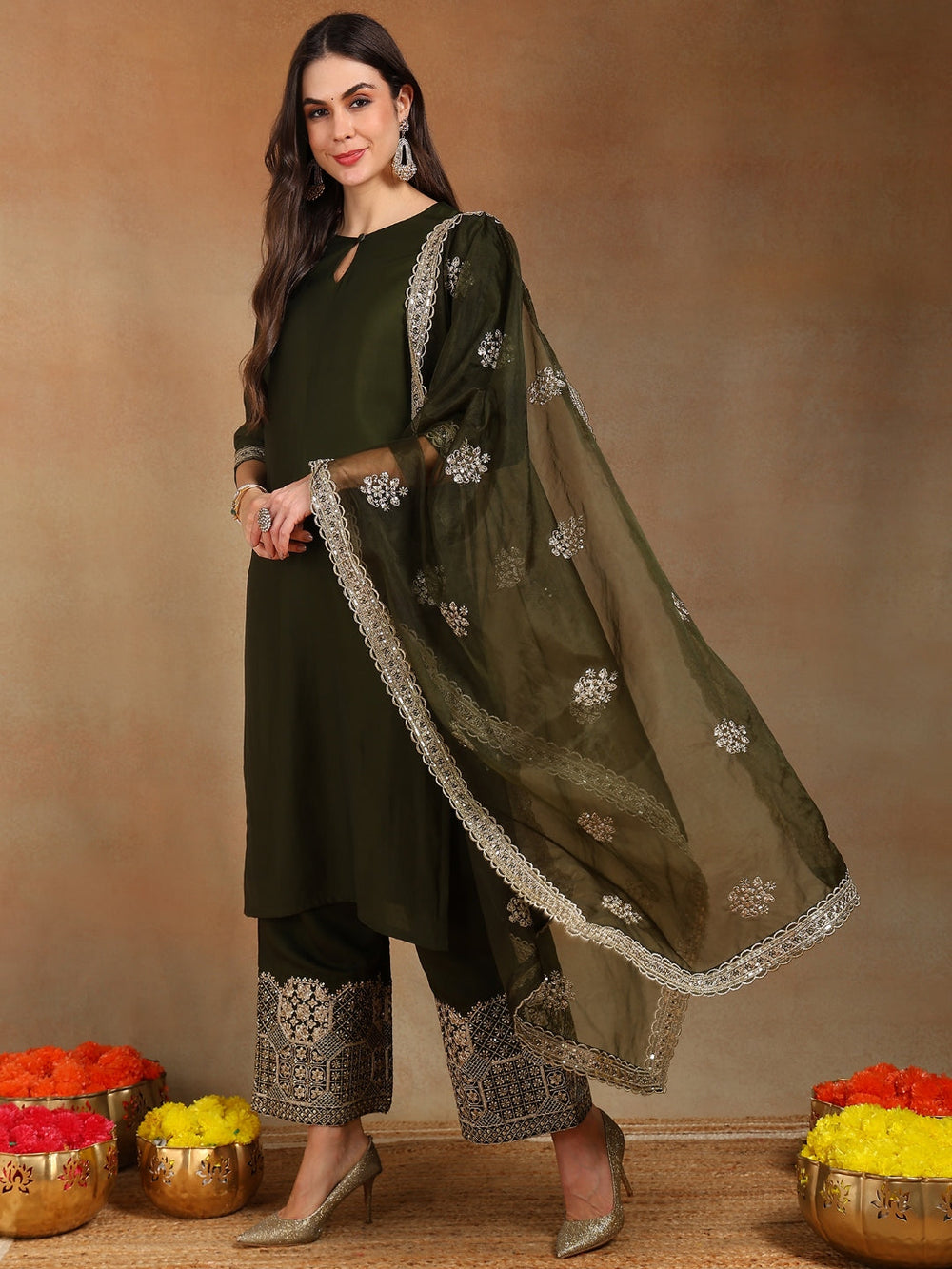 ZERESOUQ-Olive-Silk-Blend-Solid-Straight-3-Piece-Palazzo-Suit-Set