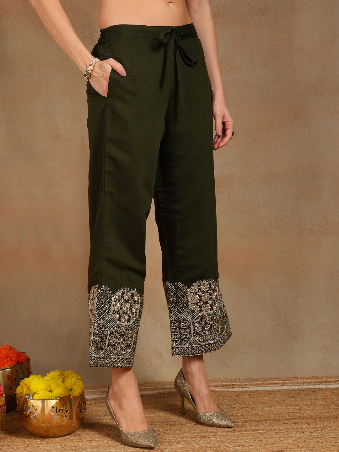 ZERESOUQ-Olive-Silk-Blend-Solid-Straight-3-Piece-Palazzo-Suit-Set