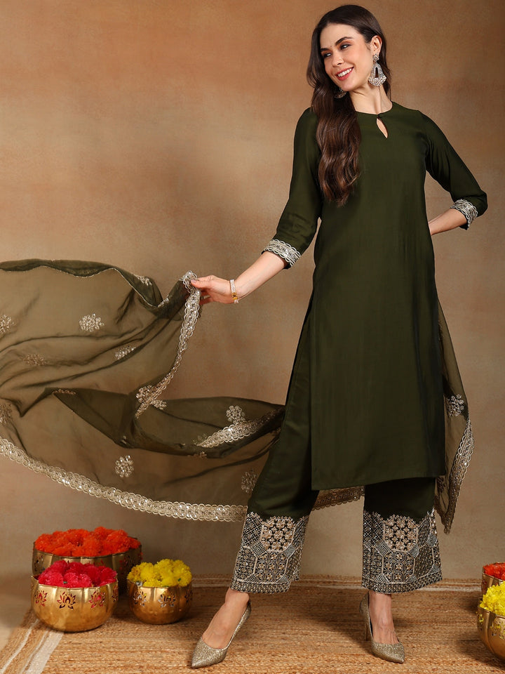 ZERESOUQ-Olive-Silk-Blend-Solid-Straight-3-Piece-Palazzo-Suit-Set