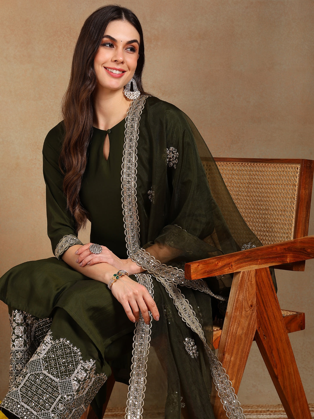 ZERESOUQ-Olive-Silk-Blend-Solid-Straight-3-Piece-Palazzo-Suit-Set