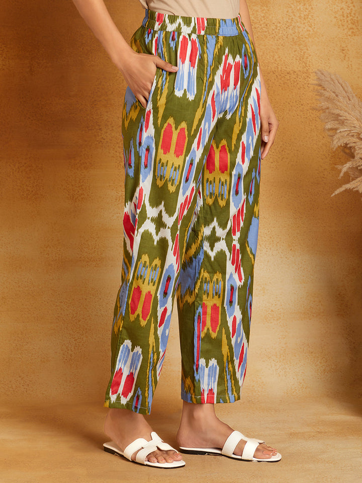 Olive with Multicolored Ikkat Print Co-Ord Set (Set of 2)