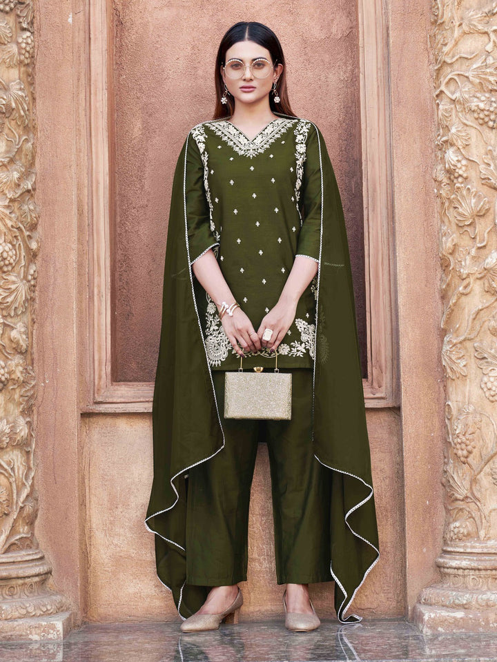 Olive-Cotton-Blend-White-Thread-Work-3-Piece-Kurta-Set