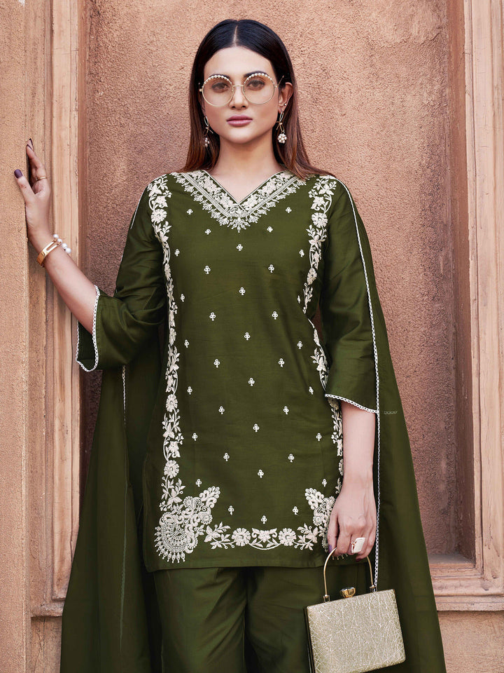 Olive-Cotton-Blend-White-Thread-Work-3-Piece-Kurta-Set