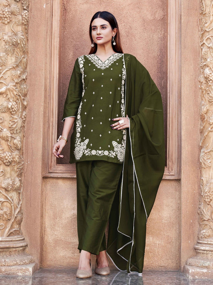 Olive-Cotton-Blend-White-Thread-Work-3-Piece-Kurta-Set