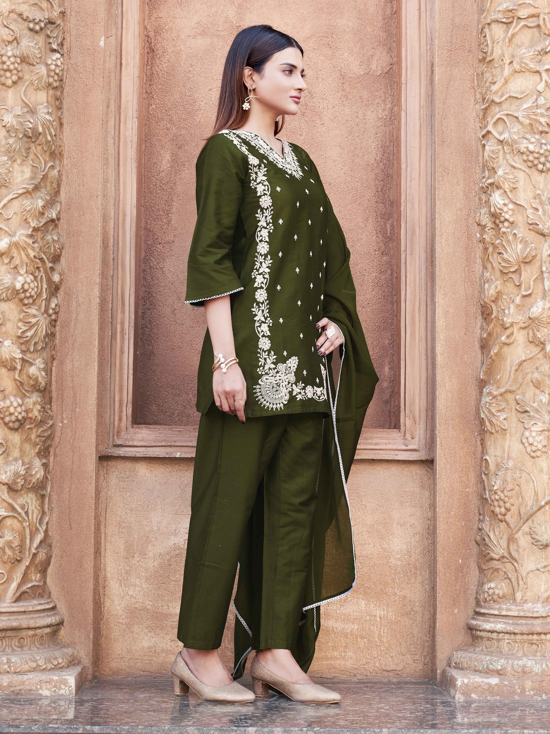 Olive-Cotton-Blend-White-Thread-Work-3-Piece-Kurta-Set