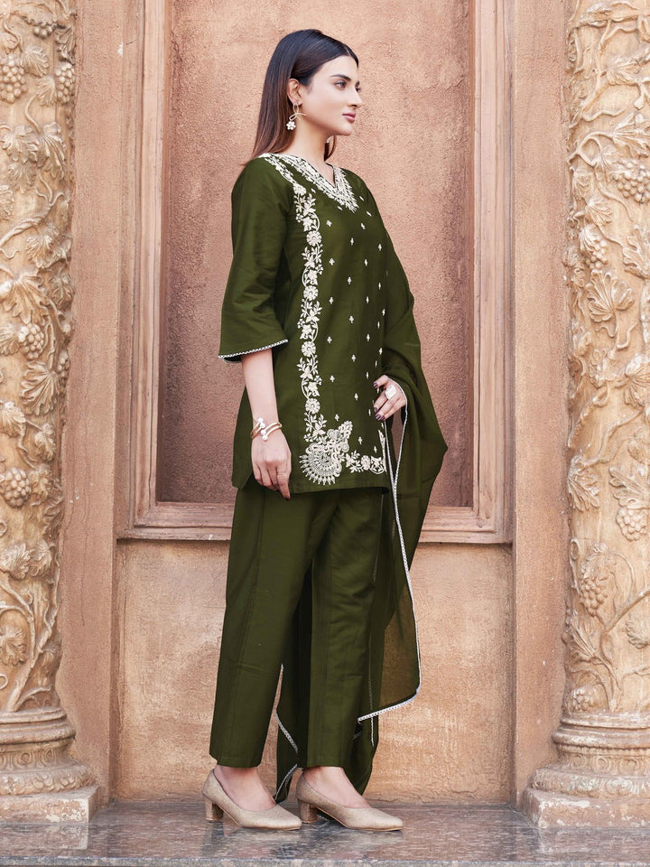 Olive-Cotton-Blend-White-Thread-Work-3-Piece-Kurta-Set