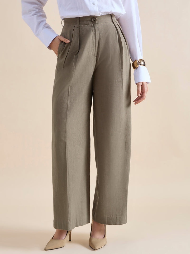 Olive-Cotton-High-Waist-Loose-Fit-Straight-Cut-Trouser