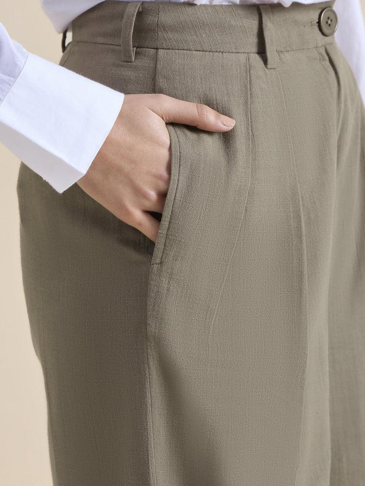 Olive-Cotton-High-Waist-Loose-Fit-Straight-Cut-Trouser