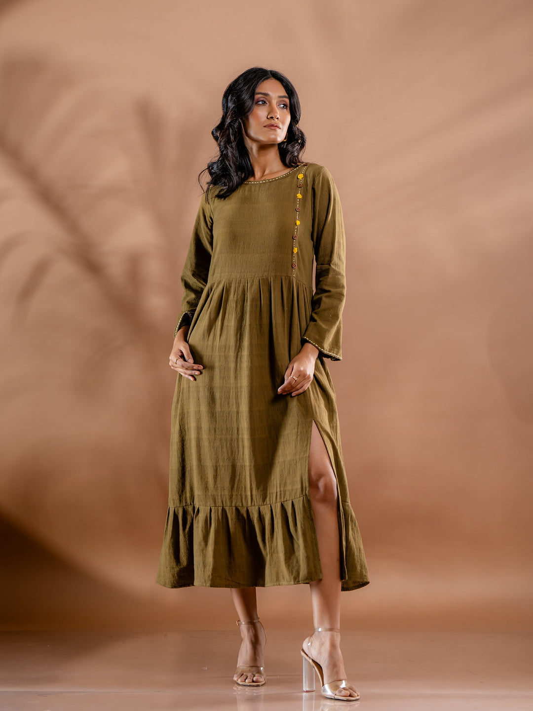 Olive-Green-Cotton-Gathered-Midi-Dress