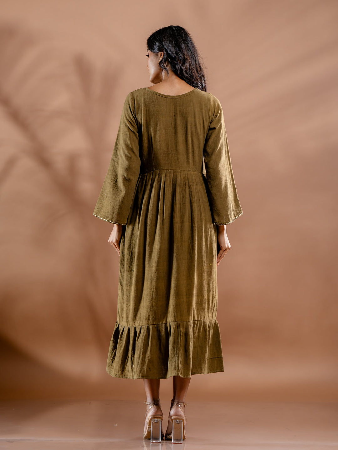 Olive-Green-Cotton-Gathered-Midi-Dress