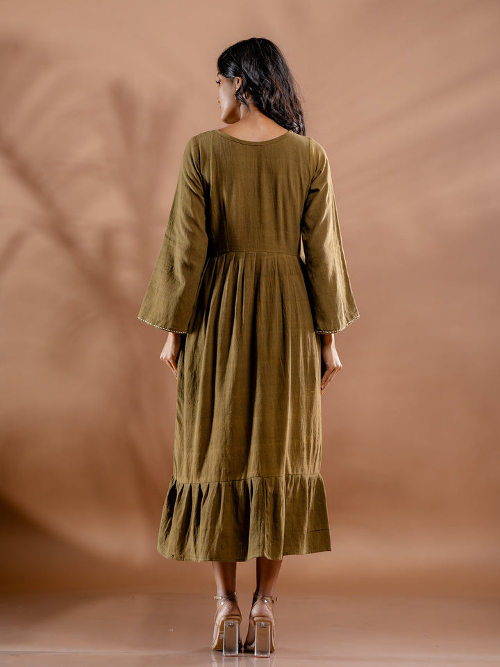 Olive-Green-Cotton-Gathered-Midi-Dress