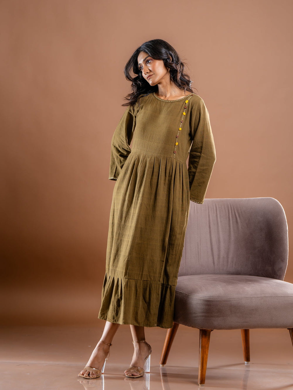 Olive-Green-Cotton-Gathered-Midi-Dress