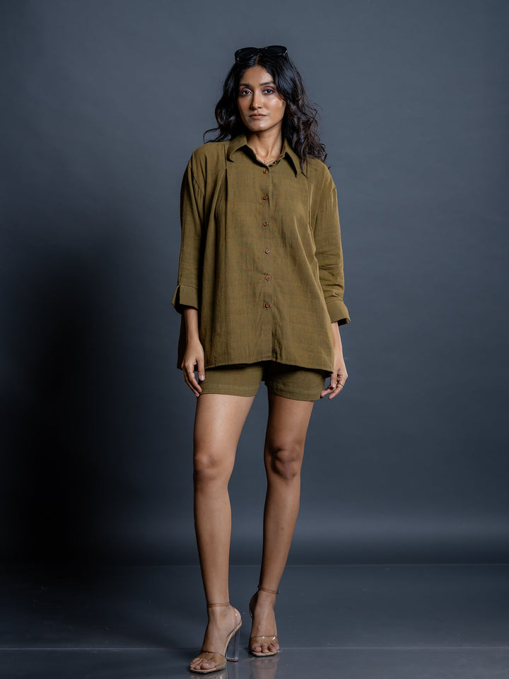 Olive-Green-Cotton-Shirt-&-Short-Co-Ord-Set
