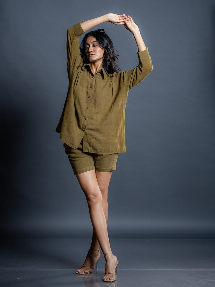 Olive-Green-Cotton-Shirt-&-Short-Co-Ord-Set