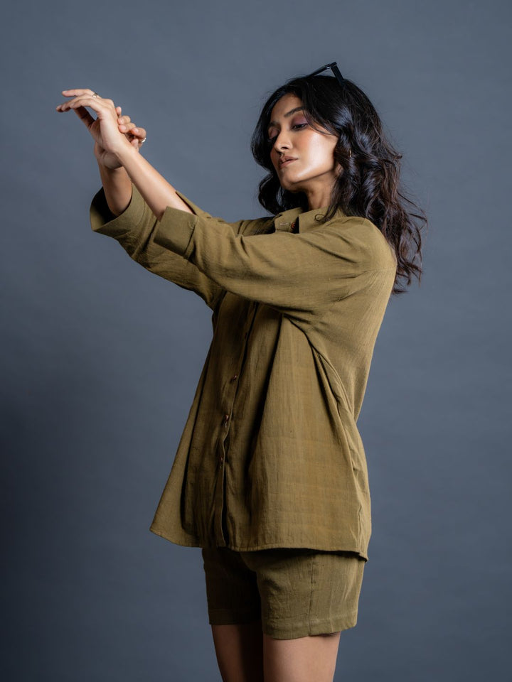 Olive-Green-Cotton-Shirt-&-Short-Co-Ord-Set