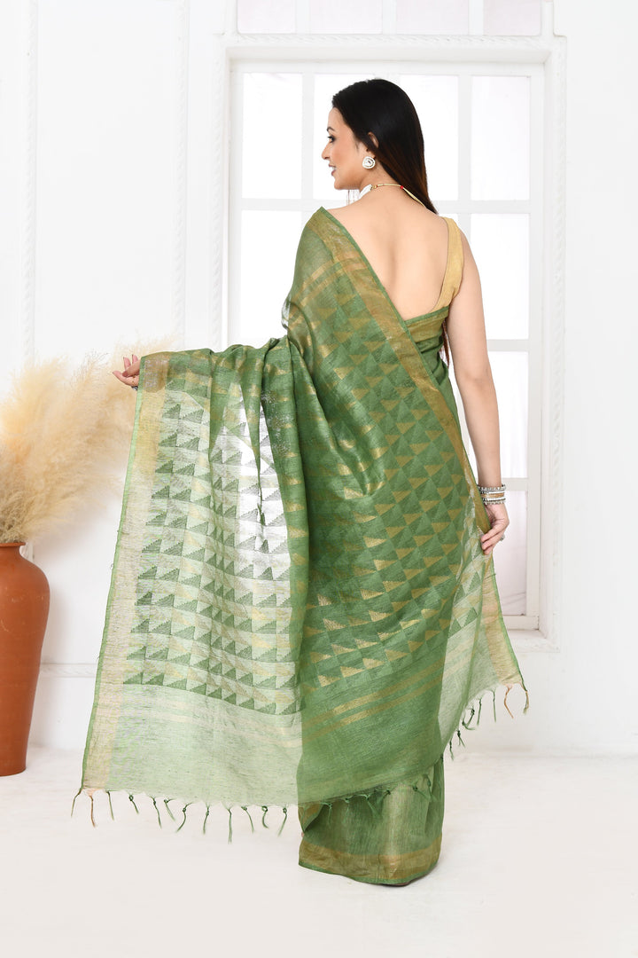 Olive-Green-Tussar-Linen-Handloom-Saree-With-Woven-Zari-Pallu