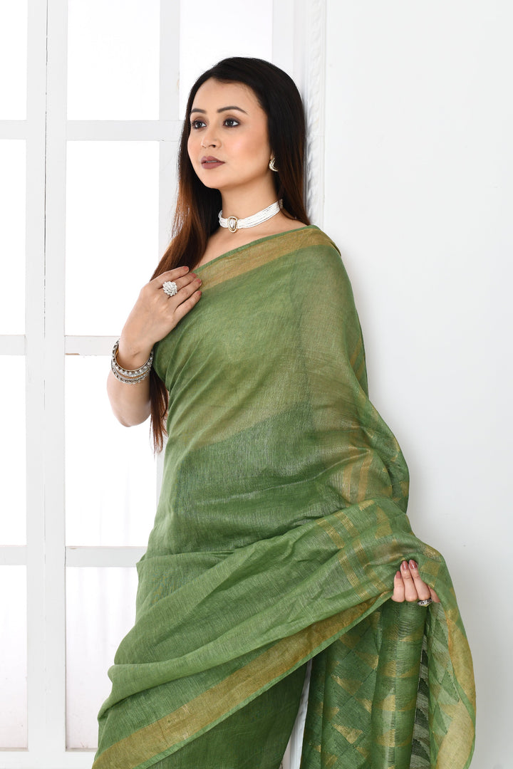 Olive-Green-Tussar-Linen-Handloom-Saree-With-Woven-Zari-Pallu