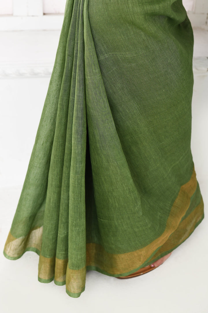 Olive-Green-Tussar-Linen-Handloom-Saree-With-Woven-Zari-Pallu
