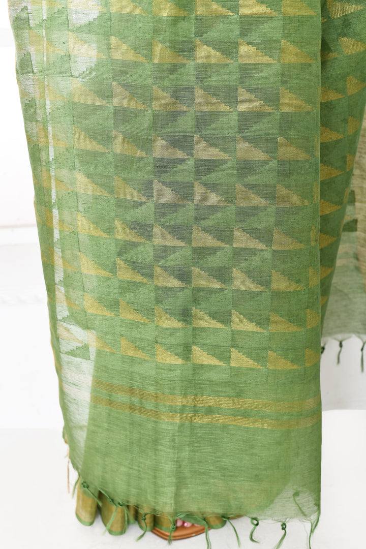 Olive-Green-Tussar-Linen-Handloom-Saree-With-Woven-Zari-Pallu