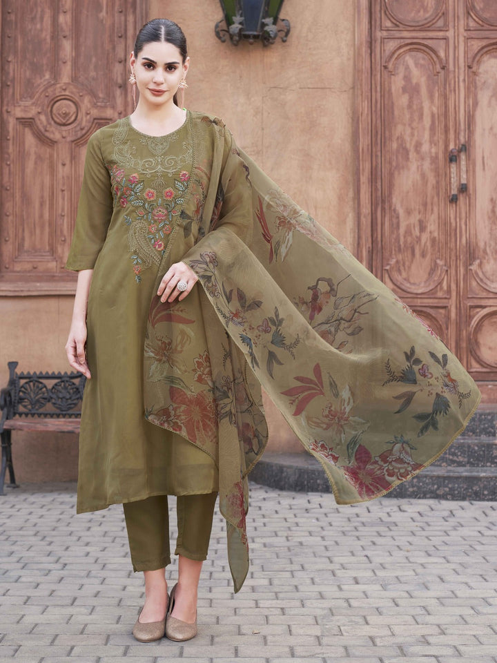 Olive-Organza-With-Printed-Dupatta-A-Line-3-Piece-Kurta-Set